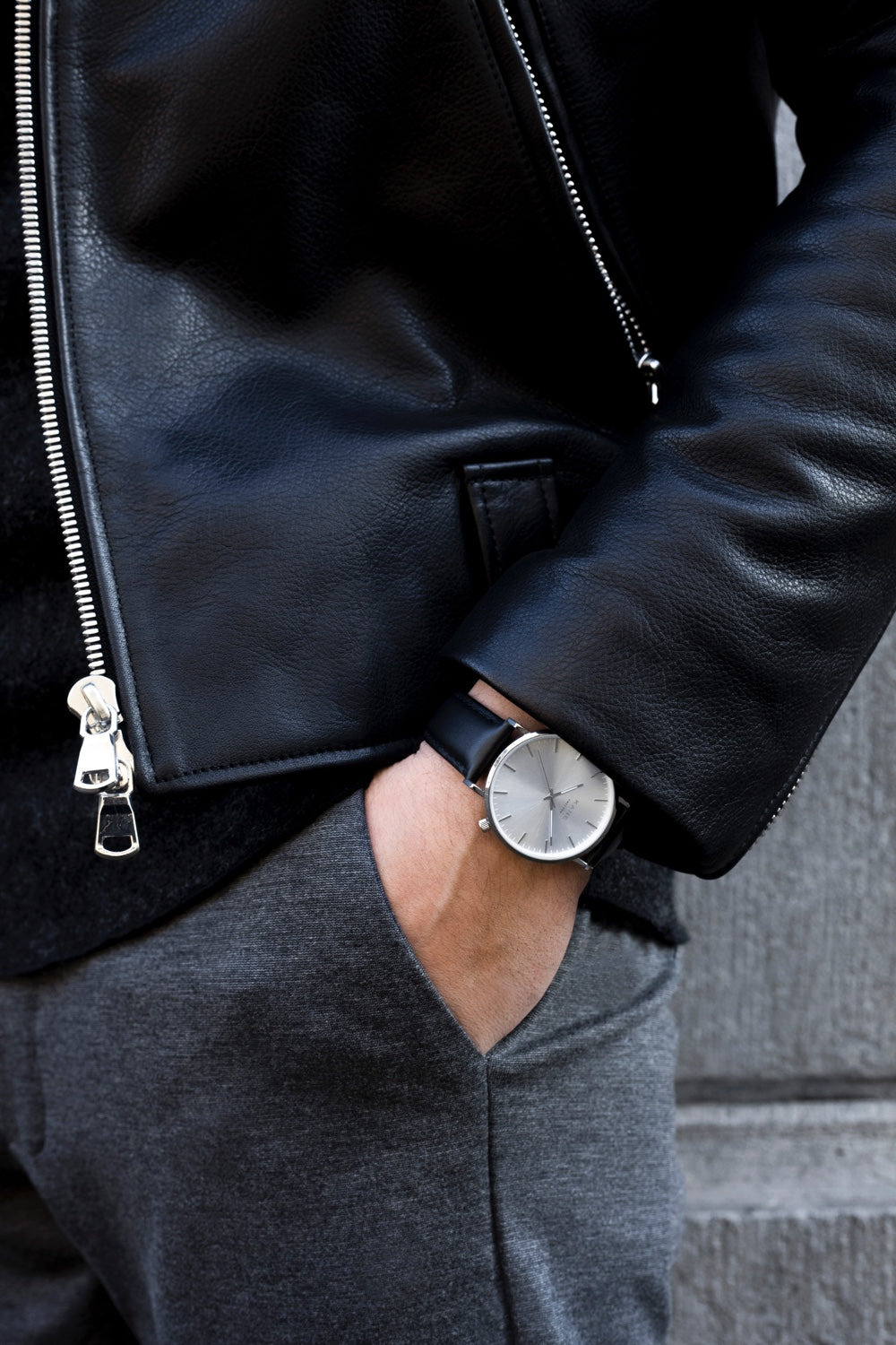 Black strap silver watch store