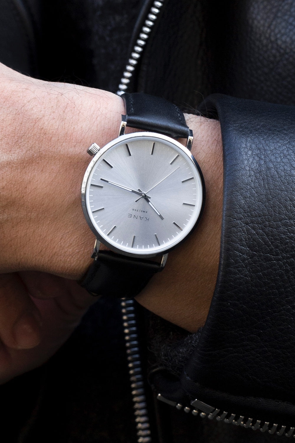 Minimalist Mens Watch Straps By KANE The Classic Black Leather Strap silver 20mm KANE Watches